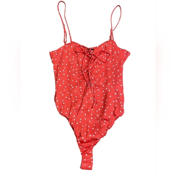 Zara Womens Satin Star Print Red White Stars Lace Up Snap Bottom Bodysuit Size M - Picture 6 of 13